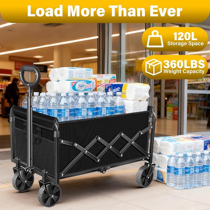 Wagons Carts Foldable, Collapsible Wagon Cart with Wheels, Portable Folding Utility Wagon with Adjustable Handle & Cup Holders for Grocery Shopping, Garden, Camping, Sports, Picnic & Small Hauls