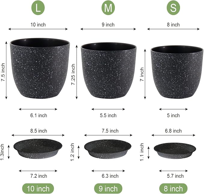 WSMKSZ Plant Pots 10/9/8 inch, Set of 3 Modern Decorative Plastic Planters with Drainage Holes and Saucers for Garden House Plants, Flower Pots for Indoor Outdoor Plants, Speckled Black