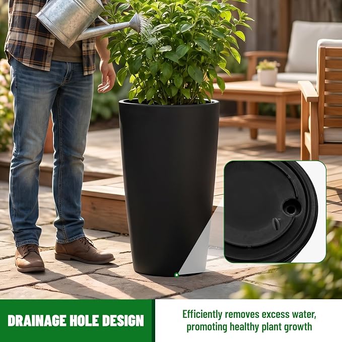 SnugNiture Set of 2 Round Tall Planters 22 Inch, Large Planter for Indoor Outdoor Plants, Modern Flower Pot Containers Large Decorative Tree Planter, Black