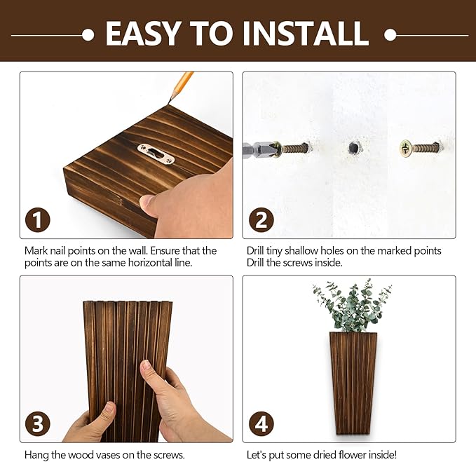 2PCS Wood Wall Planter for Indoor Plants, Wooden Hanging Planter for Dried Flowers and Artificial Greenery Plants, Modern Farmhouse Wood Wall Decor for Living Room,Bedroom,Bathroom(Dark Brown)