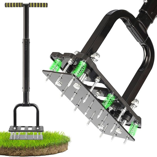 Lawn Aerator Spike Tool with 15 Iron Spikes & 6-Spring, Dual-Layer Self-Cleaning Design, Thickened Support Rod, Plastic Non-Slip Shell, Effortless Soil Loosening & Yard Aeration