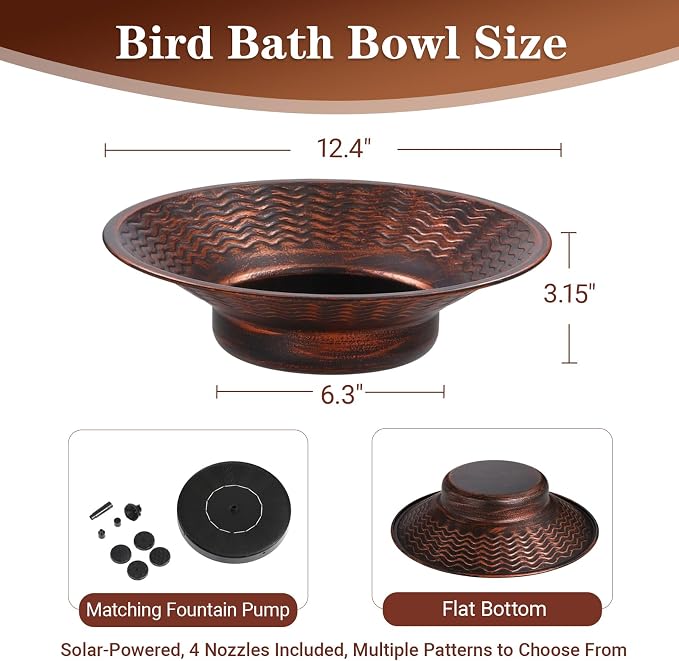 Solar Bird Bath for Outside, 12.4” Outdoor Metal Bird Bath Fountains, Solar Powered Water Fountain for Outdoors Garden Patio Lawn Ground Tabletop Decor (Brown)