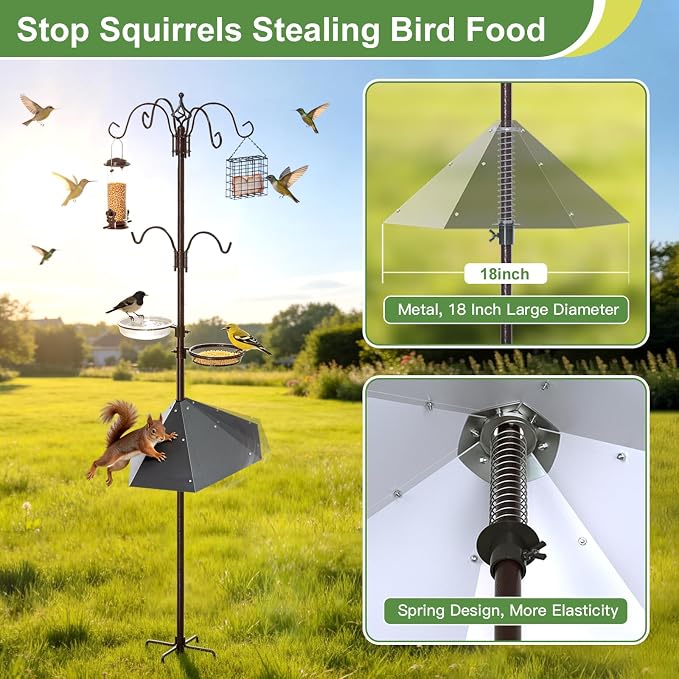83" Bird Feeding Station Kit with Metal Squirrel Baffle, Heavy Duty Metal Bird Feeding Station with Seed Tray＆Mesh Basket, Easy Assembly Ground Mounted Bird Feeder Pole for Garden Yard Outdoor