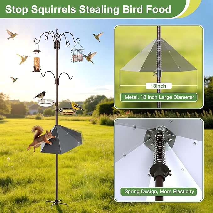 94" Bird Feeding Station Kit with Metal Squirrel Baffle, Heavy Duty Metal Bird Feeding Station with Seed Tray＆Mesh Basket, Easy Assembly Ground Mounted Bird Feeder Pole for Garden Yard Outdoor