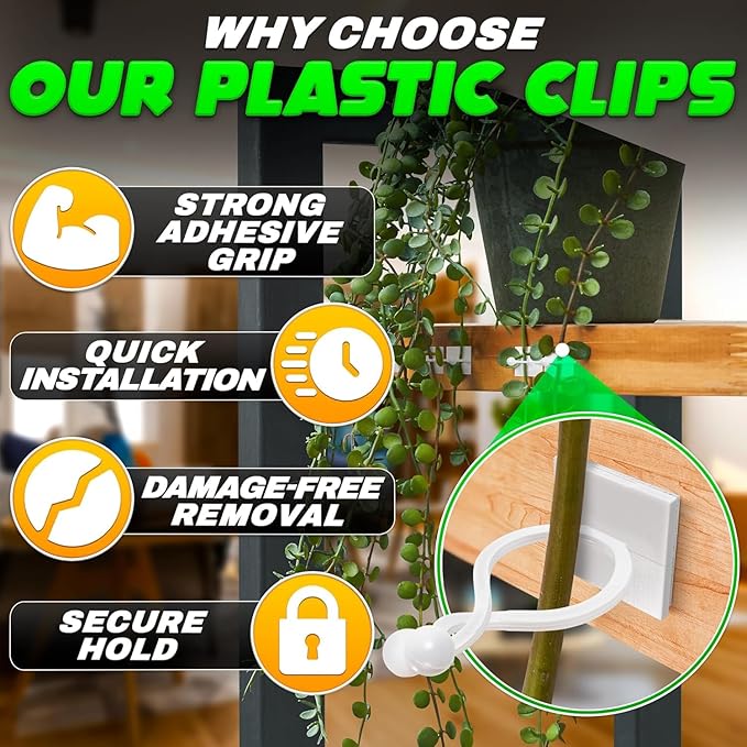 100Pcs Clear Plant Clips for Climbing Plants Indoor - White & Flexible Climbing Plant Wall Clips for Vines Organize - Universal Size Vine Clip Set with Sticky Mount, Easy Installation & Strong Grip