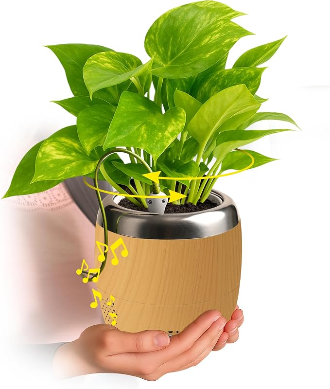 Smart Robotic Planter for 4” Potted Plants- Faux Woodgrain| Interactive Moving & Dancing Flowerpot with Bluetooth Speaker | Touch Responsive for Real Indoor Plants | Custom Voice Record