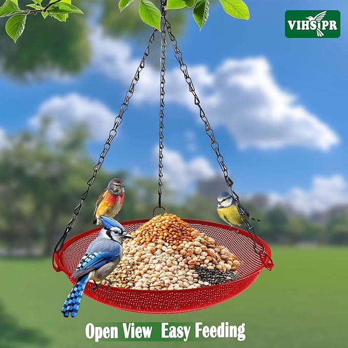 Hanging Platform Bird Feeder, 12 in, Red | Metal Mesh Seed Tray, For Wild Birds, Outdoor Use