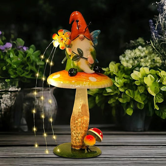 HONGLAND Solar Garden Gnome Figurine, Waterproof Outdoor Mushroom Decor with Solar Outdoor Lights for Yard, Patio, Lawn Ornaments, Ideal Gifts for Mom Grandma Women, Housewarming Gifts-16.5"