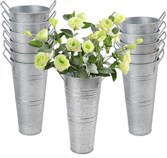 12 PCS 9 Inch Metal Flower Vase for Cut Flowers, Galvanized Metal Floral Buckets, Vintage Style Galvanized Flower Bucket for Home Décor & Wedding Centerpiece (Silver)