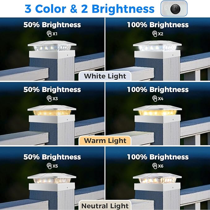 Peasur 4x4 Solar Post Cap Lights Outdoor with 3 Modes, 8 Packs White Fence Light Solar Powered Waterproof, Wood/Vinyl Post Caps for Deck Yard Garden Patio Porch Outside