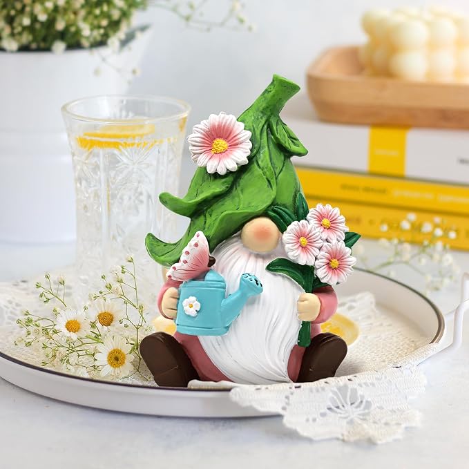 Summer Garden Gnome Decor, 5.9in Resin Daisy Floral Gnome Decorations for Home Indoor Outdoor, Retirement Gifts for Women