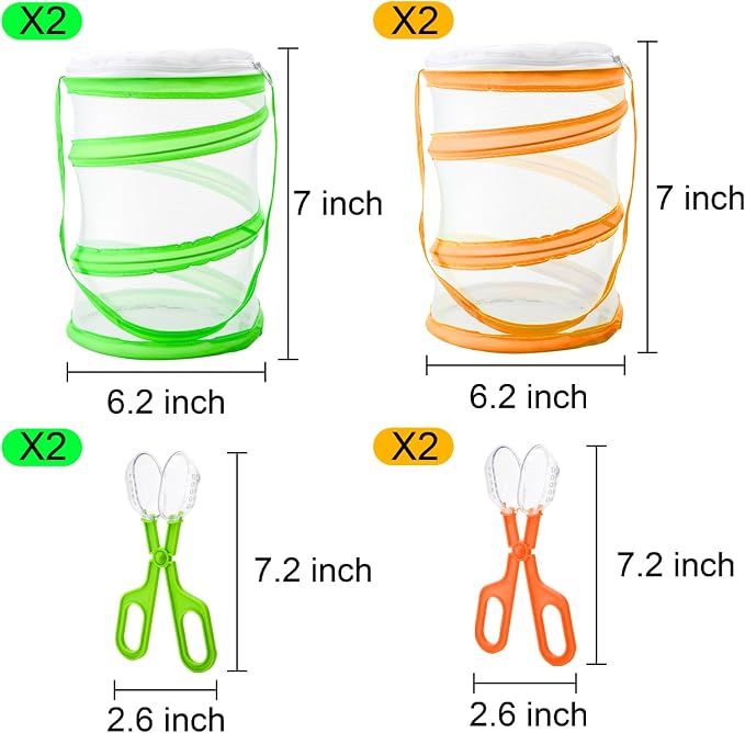 ZENFUN 8 Pieces Butterfly Kit, 4 Pcs Insect and Butterfly Habitat Cage with 4 Pcs Bug Catcher, Insect Mesh Cage, Caterpillar Enclosure, Butterflies Habitat, Terrarium Pop-up(Orange, Green)