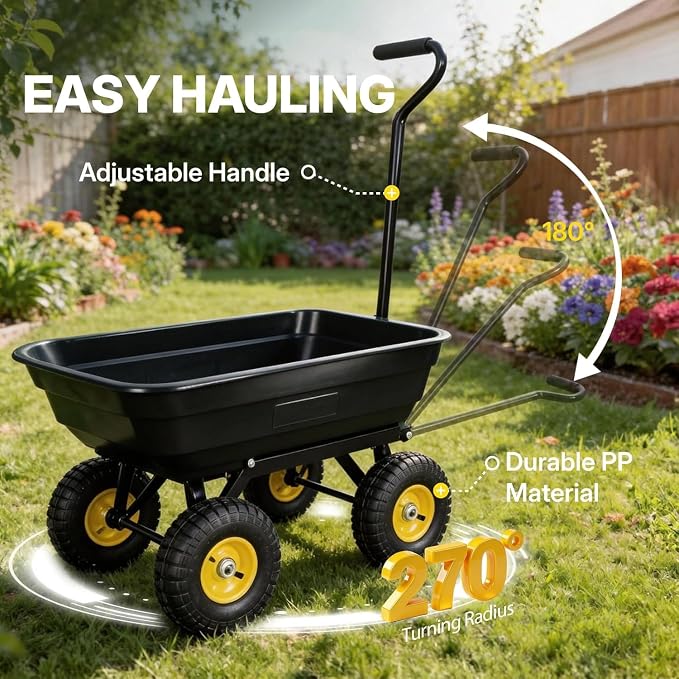 NORTHSKY 600 LBS Heavy Duty Garden Dump Cart,10" All-Terrain Wheels, 180° Rotating Handle, Yard Cart for Landscaping, Farm, and Outdoor Work (Glossy Black)