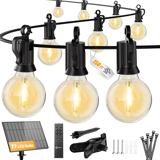 Brightown 158FT 77LED Solar String Lights Outdoor with Remote & USB Port, Shatterproof Bulbs, Dimmable & Timable, 3 Modes, Patio Lights Solar Powered with Mount Clips for Camping Backyard Garden Decor