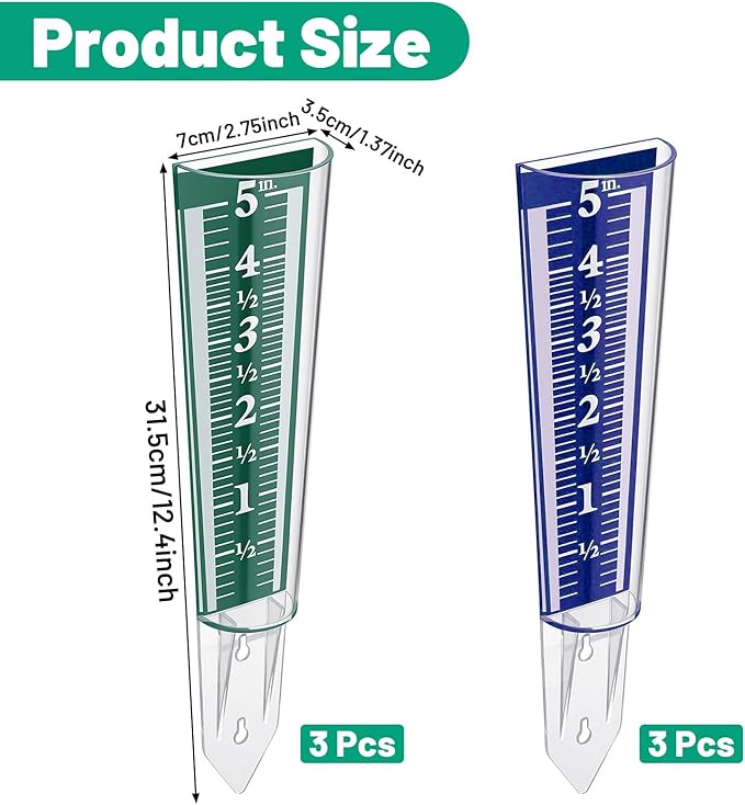 6 Pcs Rain Gauge Outdoor, 5 Inch Capacity Plastic Easy to Read Rain Gauges Measure and Monitor Precipitation Magnifying Scale and Numbers for Garden Yard Field Lawn (Blue, Green)