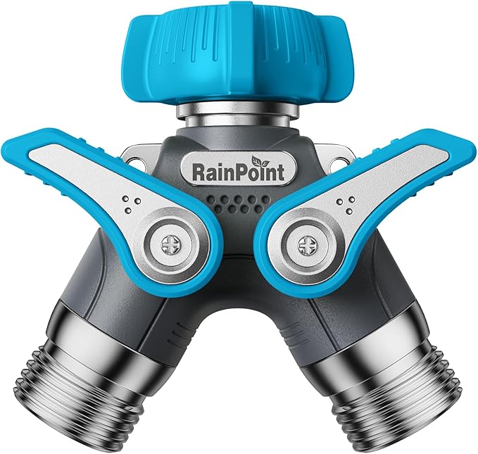 RAINPOINT Garden Hose Splitter 2 Way Heavy Duty,Water Hose Y Spigot Splitter with Shutoff Valves, 100% Metal Body Outdoor Spigot Splitter, 1.9" Extra Long Metal Handle, 3/4" GHT Thread(Blue)
