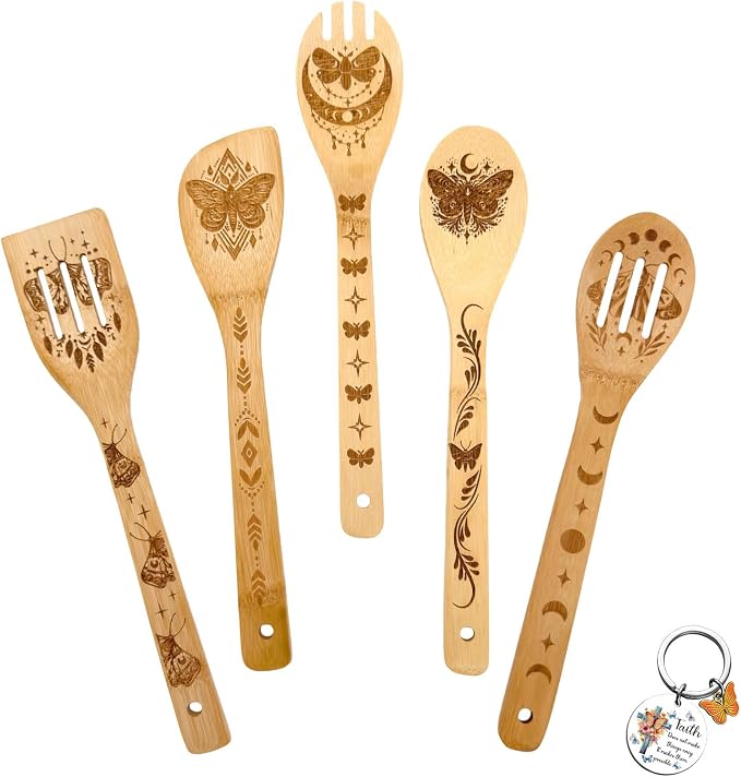 5Pcs Unique Butterfly Print Bamboo Spoon for Cooking - Wooden Spoons with Keychain Butterfly Decor Kitchen Utensils Gifts for Women Mom Couple Wife Hostesses House Warming