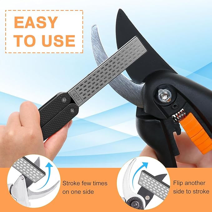 3PCS Garden Tool Sharpener, 2PCS Double-Sided Diamond Garden Tool Sharpener/ 1PCS Retractable Sharpening Rod for Gardening Pruner (Black)