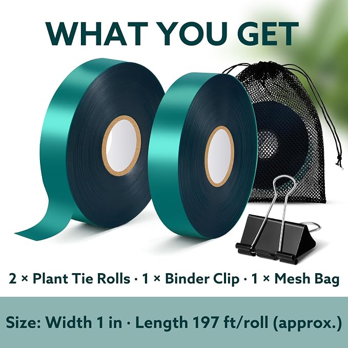 Plant Tie Tape, 1 in x 197 ft Stretchable Green Garden Tape for Plants, Soft Non-Adhesive PVC Plant Ties for Tomatoes, Grapes, Vines, Trees, Branches & Climbing Plants, 2 Rolls