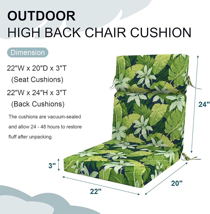 DYTXIII Outdoor High Back Chair Cushions Set of 2, 44"x22" Water Repellent Patio Seat Cushions with Elastic Sponge, All Weather Chair Pads for Rocking, Dining Chairs, Patio Furniture - Jungle Leaves