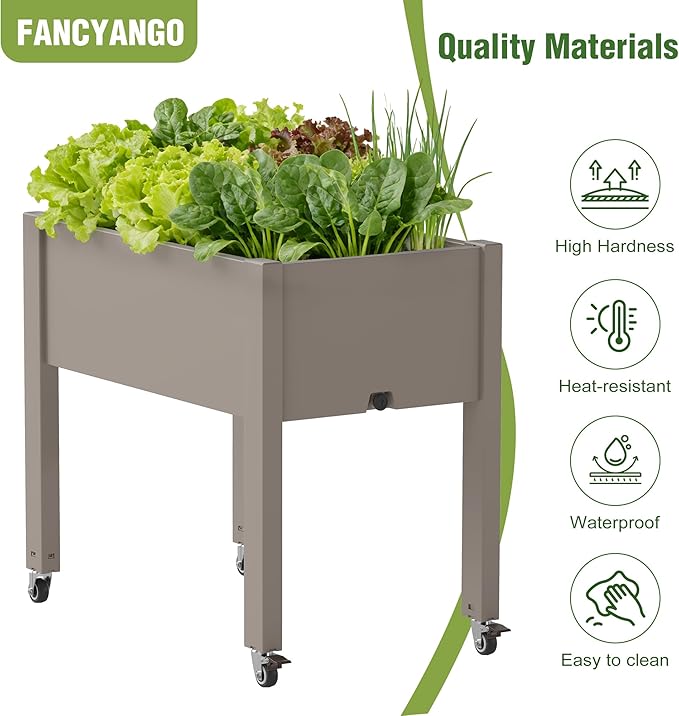 Elevated 26.3" Tall Raised Garden Bed with Wheels - Outdoor Mobile Resin Planter Box with Drainage Holes for Vegetables Flower Herbs, Weather Resistant, Light Brown (26.3" h)