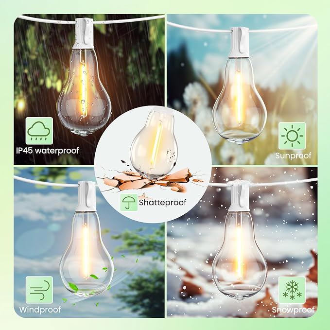 Outdoor String Lights 100 Feet LED Patio Lights 53 Plastic Edison Bulbs (3 Spare), Waterproof Connectable Hanging Light for Backyard Porch Balcony Party Decor, White
