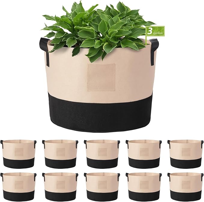 LITLANDSTAR 3 Gallon Fabric Grow Bags, 10 Pack Heavy Duty Thickened Nonwoven Plant Grow Bags with Handles and Label Bags, Fabric Plant Pots for Growing Vegetables Flowers Herbs (Black Mixed Camel)