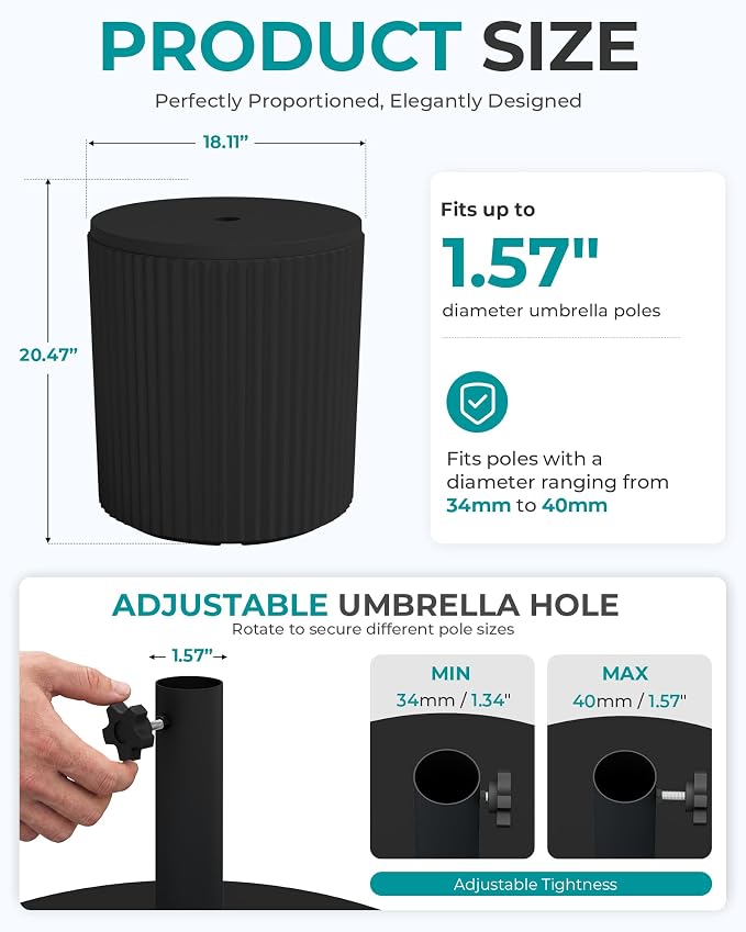 SERWALL Outdoor Round Umbrella Side Table, Outdoor Patio Table with Umbrella Hole for Porch/Patio/Poolside, 3-in-1 Multi-Functional Use, Black