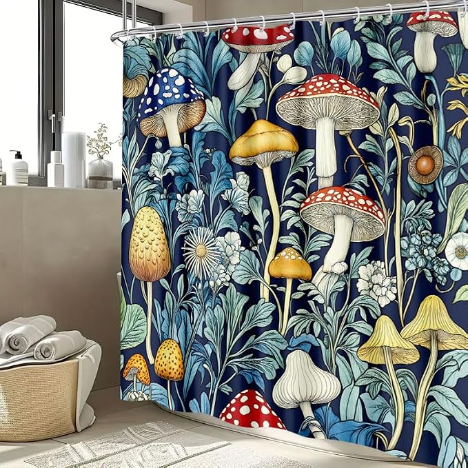 Rustic Boho Mushroom Shower Curtain, Vintage Chic Dark Mushroom Botanical Floral Farmhouse Cottagecore Aesthetic Shower Curtains with Hooks, Fairy Witchy Plant Shower Curtain for Bathroom 72X72,Blue
