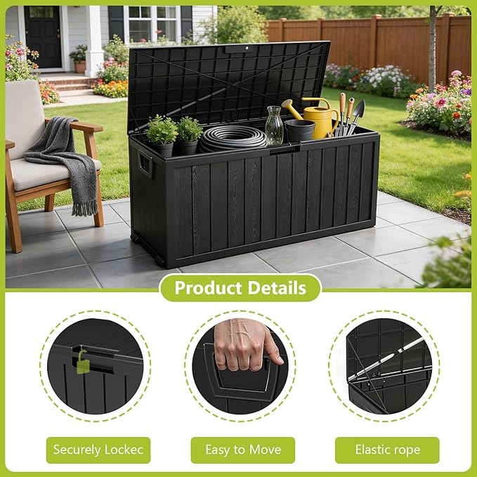 75 Gallon Outdoor Storage Box, Deck Boxes Outdoor Waterproof, Package Delivery Boxes For Outside, Patio Storage Box For Garden, Doorstep, Camping, Black(Black, 75, Gallons)