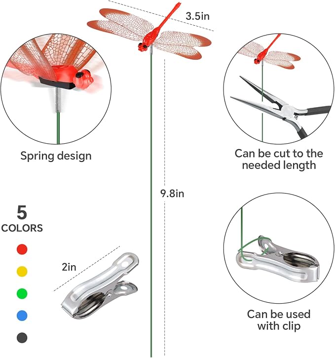NiHome 15PCS Decorative Dragonflies Clips Decor for Garden, 9.8" Long Multicolor Waterproof Outdoor & Indoor Use, Versatile Clip-On Plant Decoration, Includes Pliers for Easy Attachment