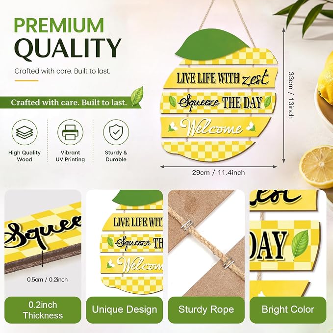 HOURIA Summer Lemon Welcome Front Door Sign Hanging(11.4"x11.5"), Checkered Lemon Wreath Rustic Wooden Wall Decor,Funny Welcome Decorations for Classroom Porch Home Kitchen,Housewarming Gift