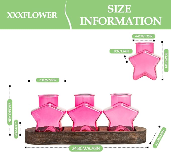 XXXFLOWER Plant Propagation Station with Wooden Stand，Air Plant Terrarium Starter Kits Star Vases for Flowers Plant Cutting Rooting Pots Indoor Hydroponic Glass Planter for Plant Lovers,3 Jars(Pink)