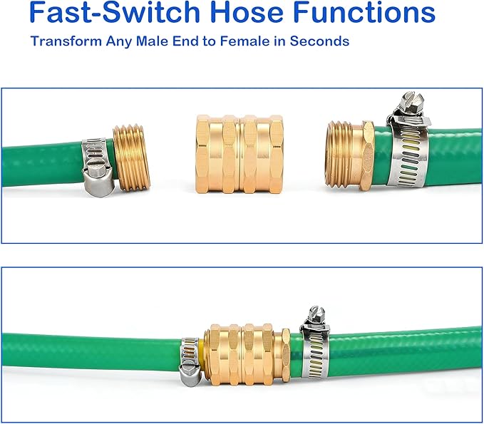 Hourleey Brass Garden Hose Adapter, 2 Pack 3/4 Inch Heavy Duty Solid Brass Female to Female Hose Connector, Garden Hose Repair Fittings with 4 Extra Washers, Leak-Proof Double Female Coupler