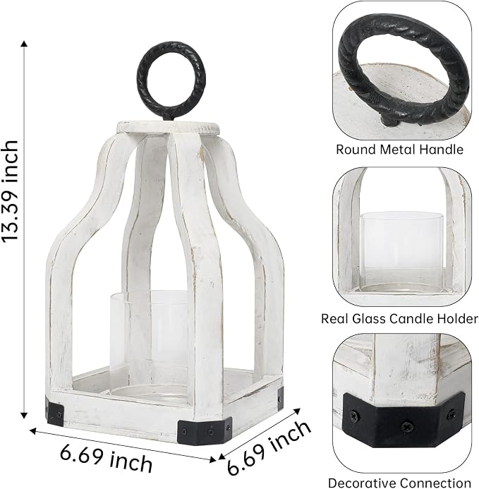 SwallowLiving 13" Rustic Farmhouse Wood Candle Hurricane Lantern with Glass Candlestick Holder for Patio, Table Centerpiece, White