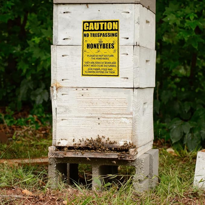 EMOHAT Caution No Trespassing Honeybees Metal Tin Sign, Honeybees at Work Warning Sign for Garden Farm Orchard, 8x12 Inch Rustic Novelty Decor for Garage Home Outdoor