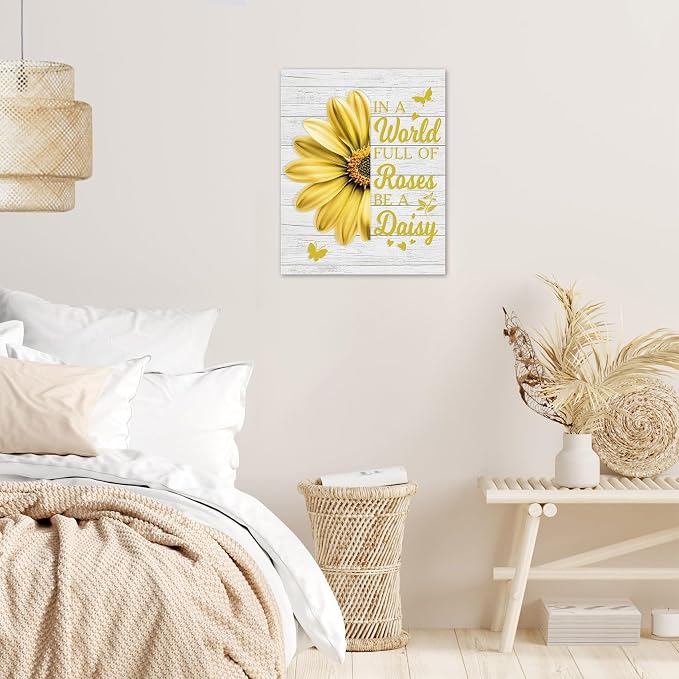 LB Yellow Daisy Floral Canvas Wall Art Farmhouse Flower Funny Inspirational Quote Framed Art Prints Rustic Butterfly Wall Decor for Bedroom Living Room Bathroom Kitchen Home Office,10Lx8W inch