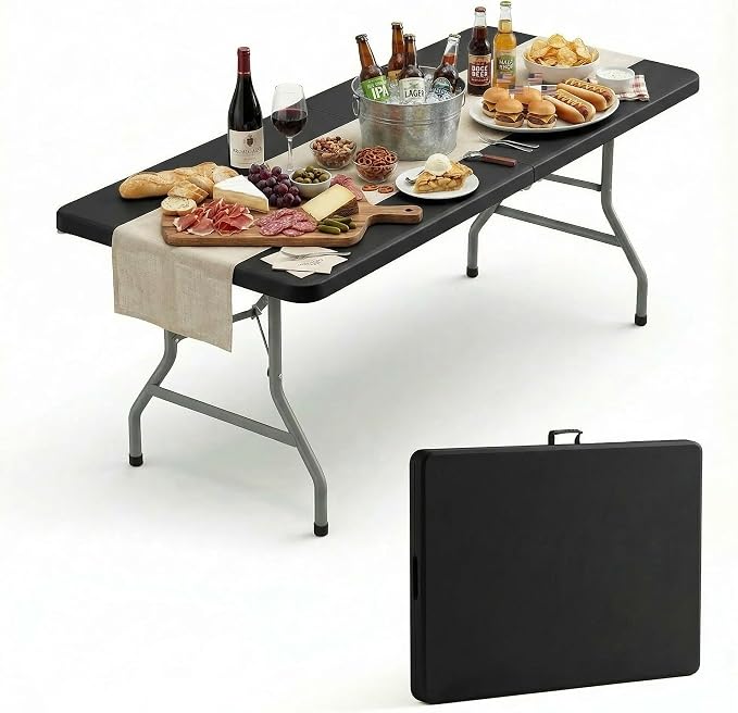 8 Foot Foldable Table with Built in Handle & Steel Legs, 8FT Portable Heavy Duty Plastic Folding Tables for Parties, Dining, Wedding, Events, Picnic, Indoor & Outdoor, Camping, Utility