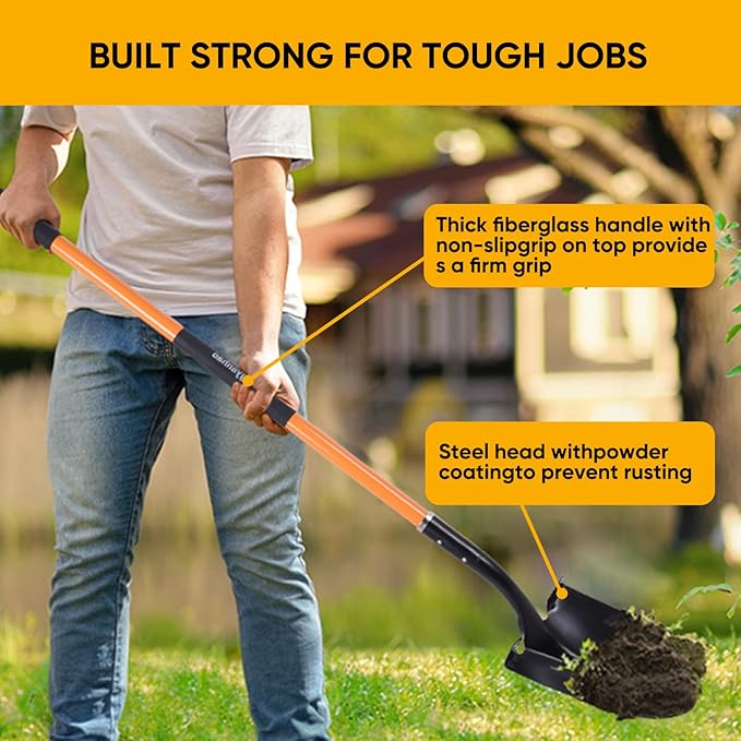 Heavy Duty Garden Shovel, 58-Inch Long Handle, Steel Head with Orange Fiberglass Handle
