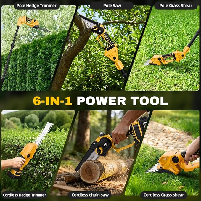 6-in-1 Pole Saw & Cordless Hedge Trimmer Combo Kit,Electric Grass Trimmer,Mini Chainsaw with 2×4.0 Ah Battery,Dual-Action Blade,Brushless Motor,8.5 ft Max Reach,for Tree Trimming/Garden/Lawn (Yellow)