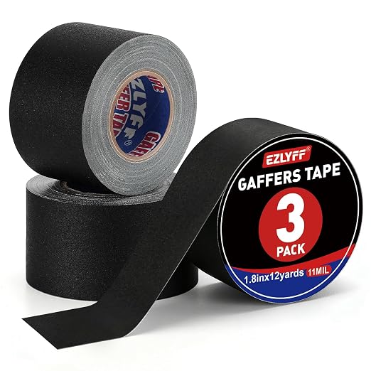 Black Gaffers Tape 3Pack, 1.8inch x12Yards(Total 36Yards) 11 Mil Industrial Grade Black Gaff Tape, No Residue, Non-Reflective, Easy Tear, Gaffers Tapes for Securing Cables, Photography, Studio.
