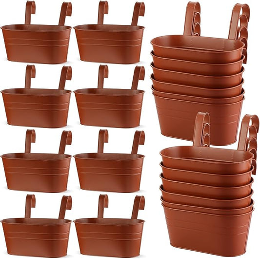 Hicarer Metal Hanging Flower Pots for Railing Fence, Large Hanging Rail Planters for Outdoor Window Balcony Plants Holder with Hooks for Garden Yard Home Decor(Brown,12 Pcs)