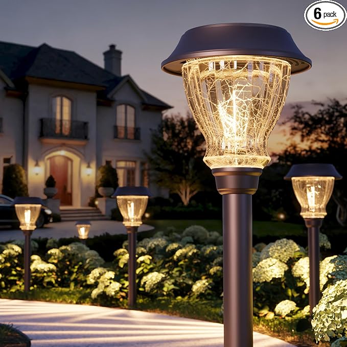 XMCOSY+ Solar Pathway Lights Outdoor, 6 Pack Decorative Crackled Glass Garden Lights, Soft Warm White Glow, Auto On/Off LED Waterproof Landscape Lighting for Yard Walkway Patio