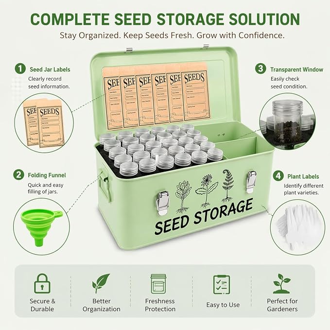 Seed Storage Box – Metal Seed Packet Organizer with Garden String and Bamboo Plant Labels. Seed Container Storage delivering complete Seed Saving Organization for every Garden Lover.