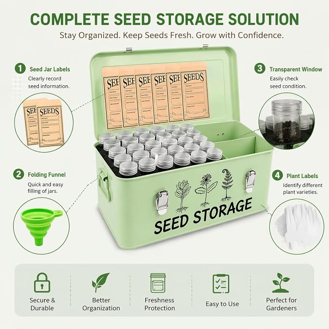 Metal Seed Storage Box Organizer with 3 Compartments, Safety Lock Lid Bin Seed Bottles Envelopes, Plant Labels, Foldable Funnel Gloves,Portable All-in-One Seed Saving Tin for Gardeners Beginners