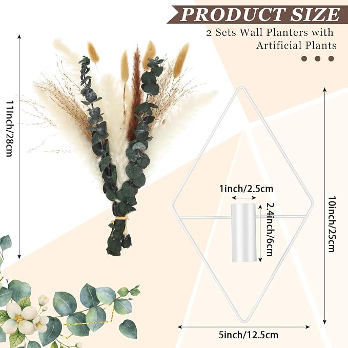 Canlierr 4 Pcs White Wall Decor Hanging Planters with Artificial Plants Eucalyptus Pampas Grass Metal Hanging Vase Indoor Plants Holder Modern Boho Wall Art for Bathroom Bedroom Living Room Decor
