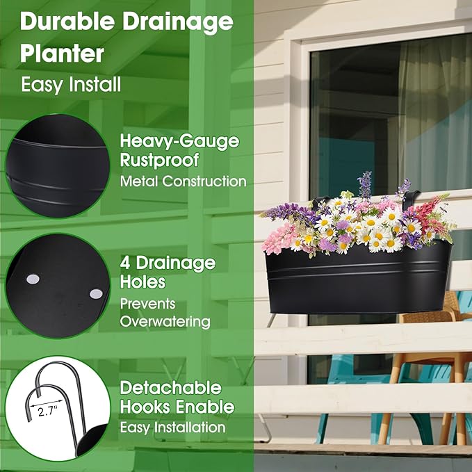 OGIMA Railing Planter Box, 3 Pack 16" Large Hanging Planters for Outdoor Plants with Detachable Wide Hooks for 2.7'' Railings, Balcony Planters Railing Hanging for Deck, Fence & Patio Decor