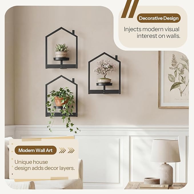 HOOBRO Hanging Planters for Indoor Plants, Wall Plant Holder Set of 3, Plant Hanger Indoor Window Plant Shelves, Metal Frame, Space Saving, for Living Room Outdoor Entryway, Black BK08HJP301