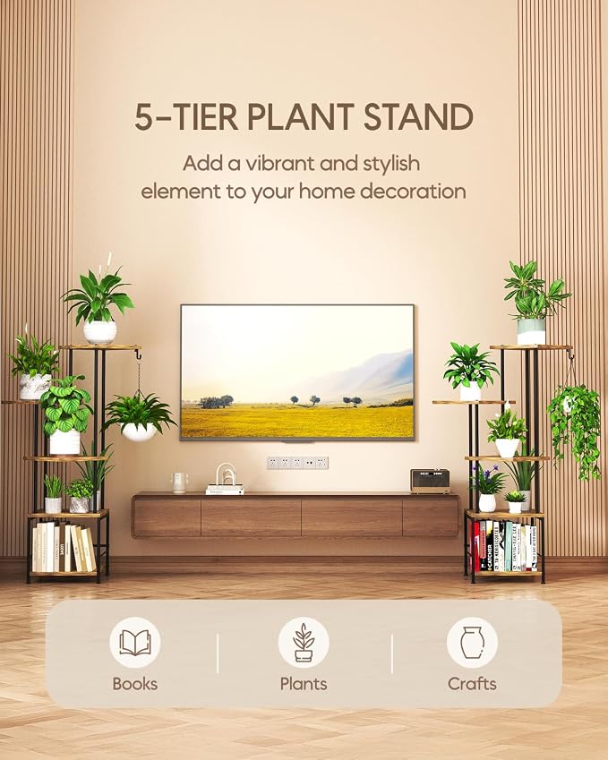 Homsorout Plant Stand Indoor - 5-Tier Metal Plant Shelf with Hanging Basket Hook, Corner Tall Flower Holder for Multiple Plants, Living Room Balcony Garden Patio, Rustic