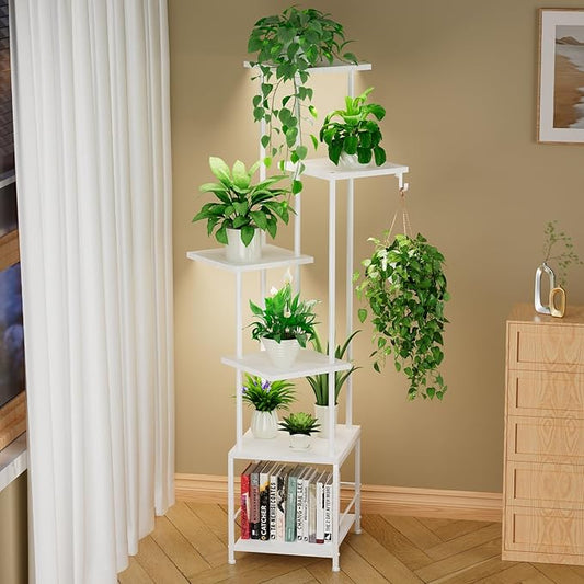 Homsorout Plant Stand Indoor with Grow Light - 6-Tier Metal Plant Shelf with Hanging Basket Hook, Corner Tall Flower Holder for Multiple Plants, Living Room Balcony Garden Patio, White